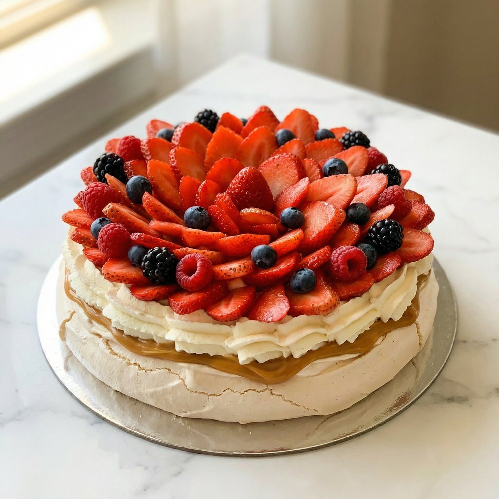 Mixed Berries Pavlova — A vibrant celebration of seasonal berries atop our signature meringue base. Laye
