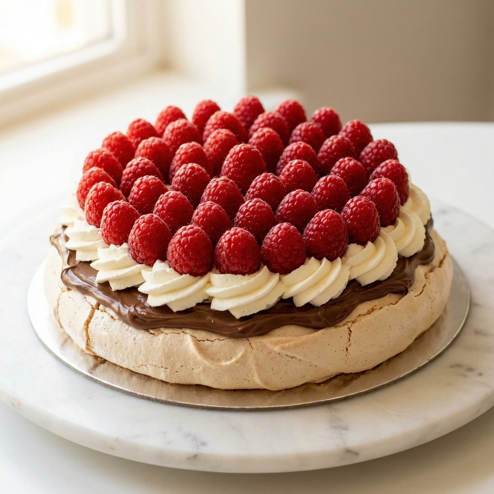 Raspberry Pavlova — Whole fresh raspberries arranged in a striking dome pattern atop our crisp merin